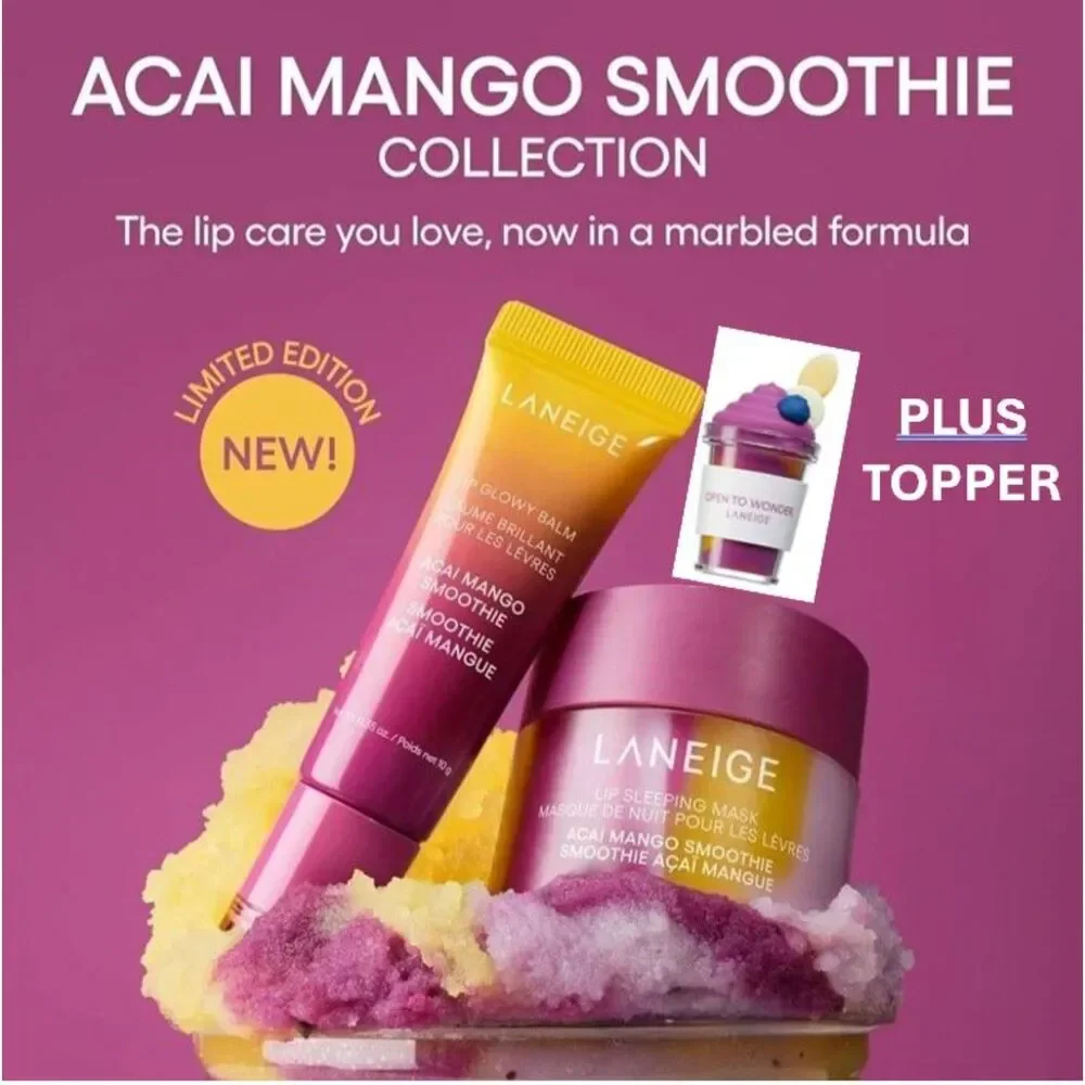 LANEIGE ACAI MANGO SMOOTHIE LIP SLEEP MASK WITH TOPPER & LIP GLOWIE BLAM NEW